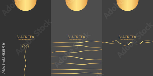 Set of different tea package on dark background.  Black tea with an inscription. Vector illustration design.