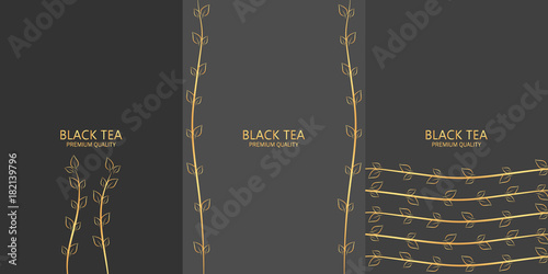 Set of different tea package on dark background.  Black tea with an inscription. Vector illustration design.