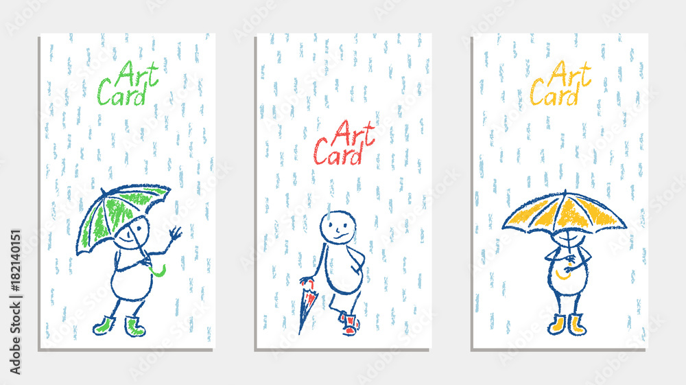 Funny man with umbrella and rain card set. Wax crayon pencil or pastel  chalk like kid`