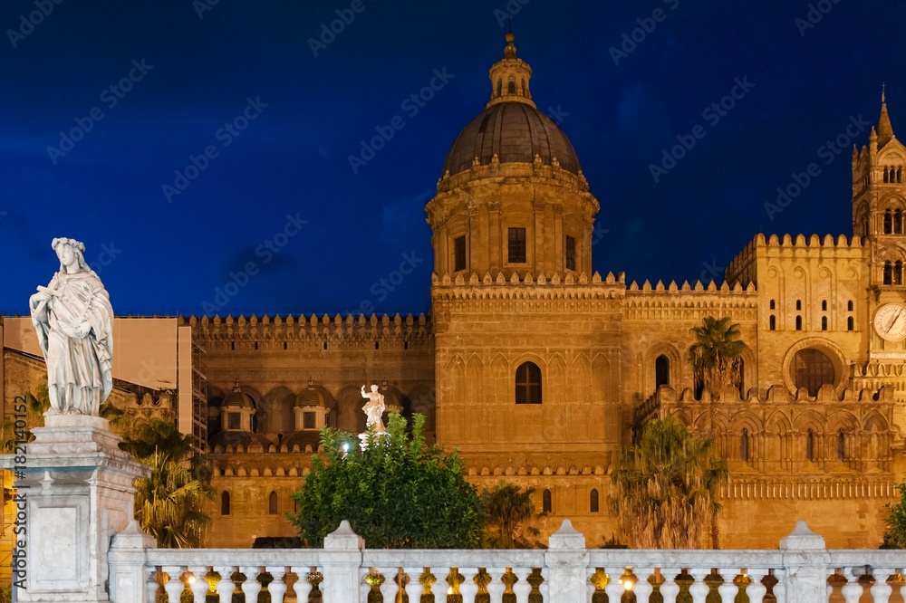 Palermo baroque cathedral church scenic view at night, Sicily, Italy