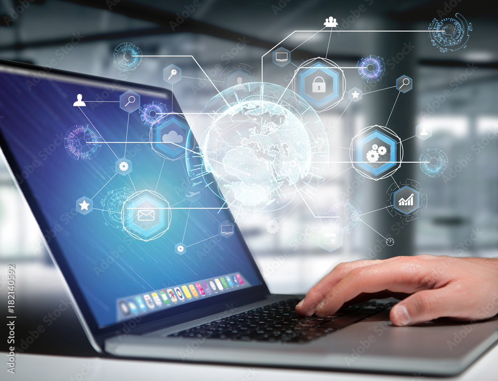International business network connection displayed on a futuristic interface with technology icon and sphere globe - Worldwide business concept International business network connection displayed on a futuristic interface with technology icon and sphere globe - Worldwide business concept