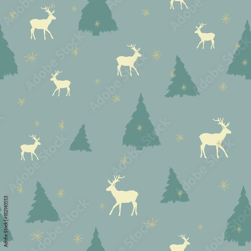 Aquamarine seamless Christmas pattern with deer and snowflakes and trees silhouettes. Perfect for wrapping paper or textile.