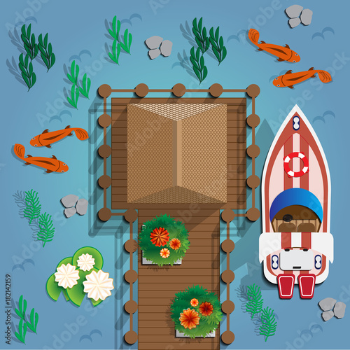 Tropical bungalows with floating fish. View from above. Vector illustration.