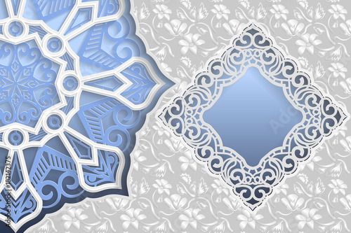 Template of wedding greetings or invitations. 3D mandala, square frame with lace edges, surface with a relief pattern. Floral background on the bottom. Place for the inscription in the frame. Vector.