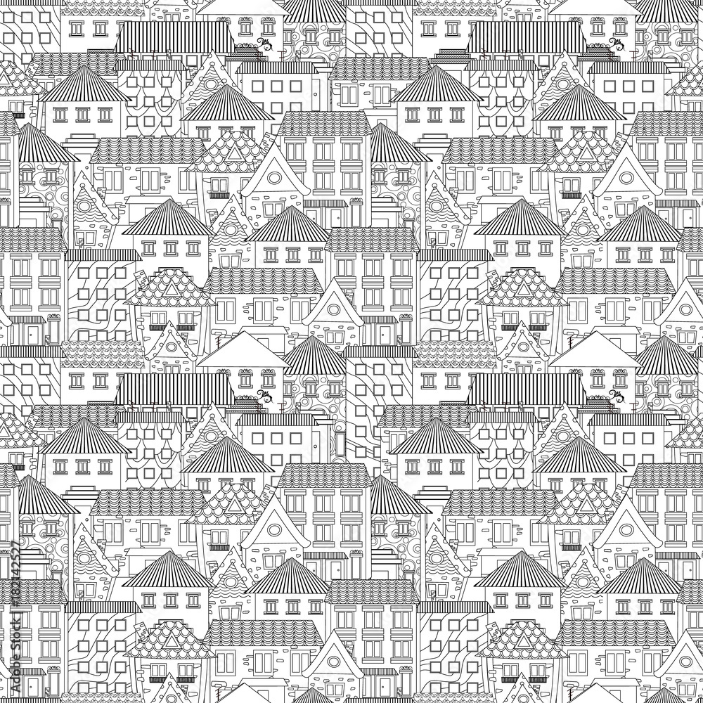 seamless texture with cozy houses for coloring book