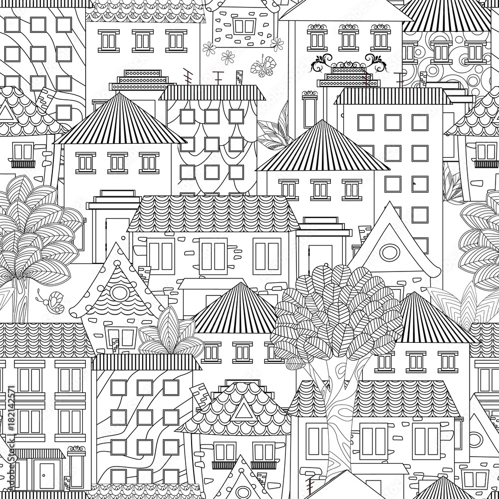 seamless texture with funny houses and trees for coloring book