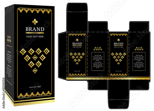 Packaging design, black and gold luxury box design template and mockup box. Illustration vector.