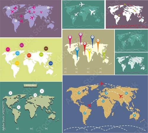 collection World map with markers and with routes airplane 