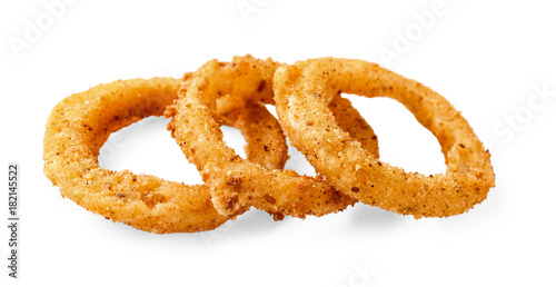 Fried breaded onion rings on white background