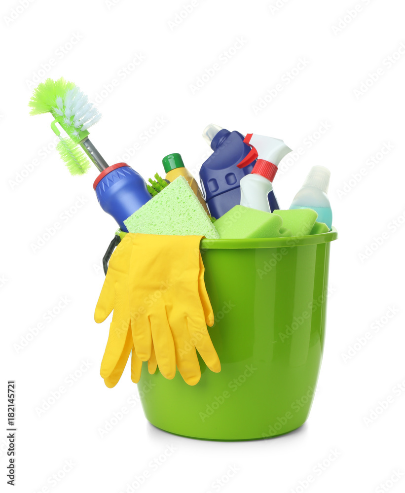 Cleaning supplies in plastic bucket, isolated on white