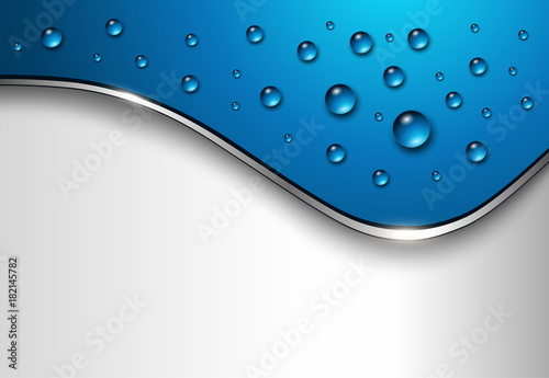 Background with blue water drops, vector 3d background with dew and copy space.
