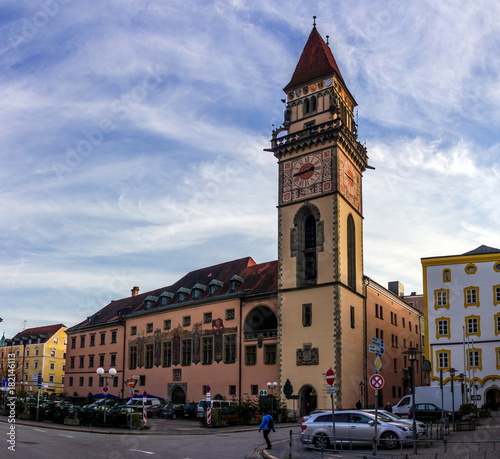 View of Passau with Danube river, embankment and cathedral, Bavaria, Germany