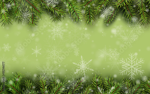 Christmas background green fir tree branches and snow