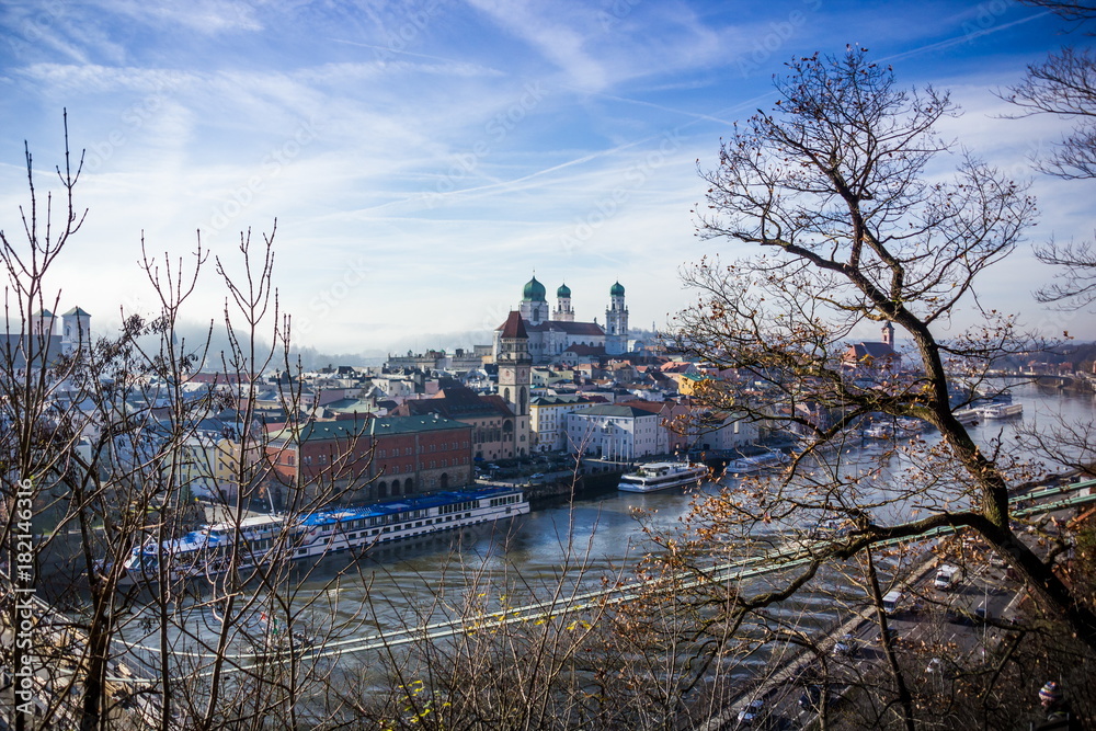 View of Passau with Danube river, embankment and cathedral, Bavaria, Germany
