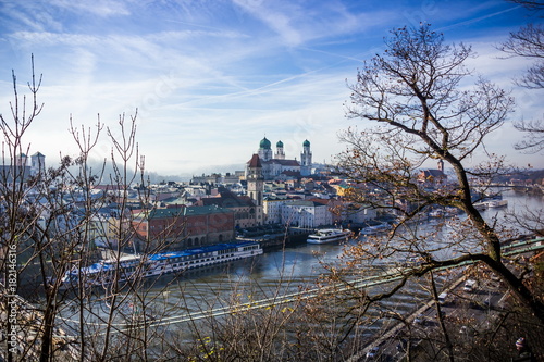View of Passau with Danube river, embankment and cathedral, Bavaria, Germany
