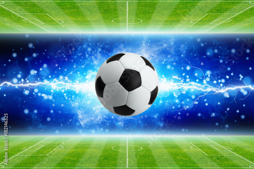 Soccer ball, powerful bright blue lightning, green soccer fields