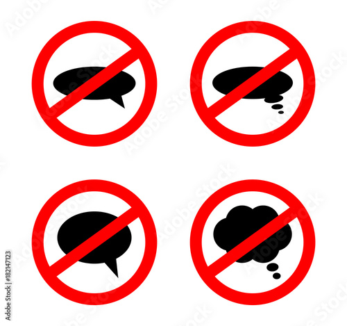 Speaking And Thinking Not Allowed Signs. Vector Illustration Of Speech Bubble Silhouettes In Traffic Signs Saying Don't Speak, Don't Think.