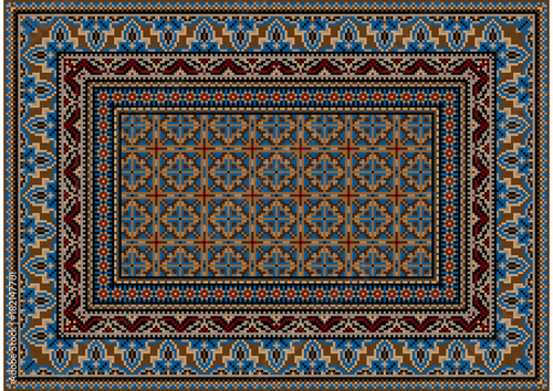 Luxurious colorful old design carpet with ethnic ornament of blue patterns and motley center in blue and brown tones
