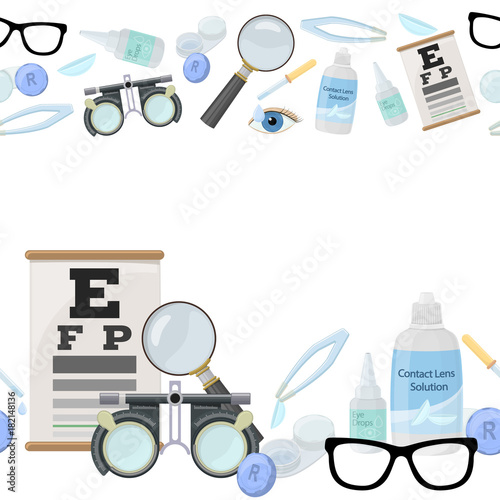 Seamless horizontal borders of medical optometry accessory for correct vision - contact lens,  solution, lens case eye test chart, glasses. Vector