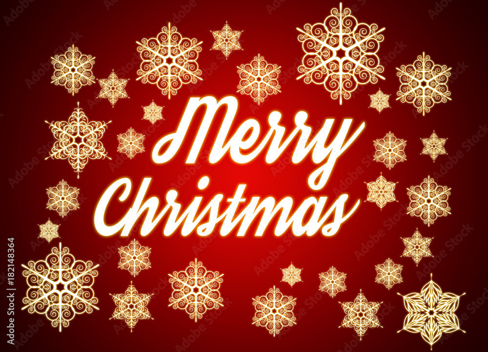 Merry Christmas. Typographic background with snowflakes. Original design element. Template, card, poster. emblem graphics. Handwritten banner, logo, label. Colorful hand drawn phrase.