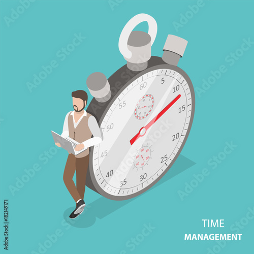Time management flat isometric vector concept. Stylish young man is standing with his laptop near the stopwatch leaning at it.