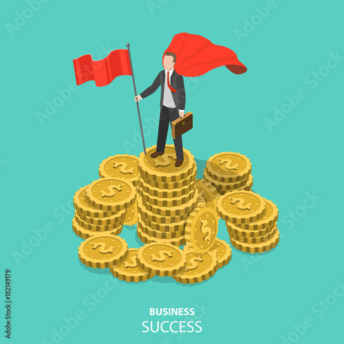 Business success flat isometric vector concept. Businessman dressed with superhero cloak with flag in his hand is standing on the pile of the coins.