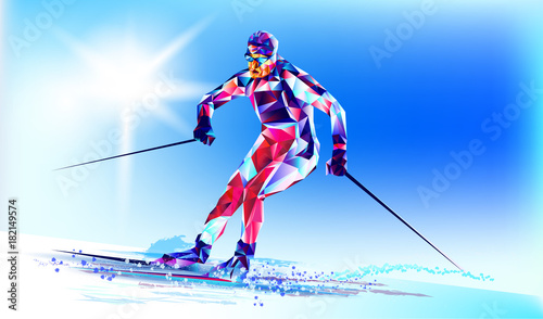 Young man riding on skis on white background, winter, Olympic. Vector illustration in triangular style. Vector illustration in a geometric triangle of XXIII style Winter Olympics