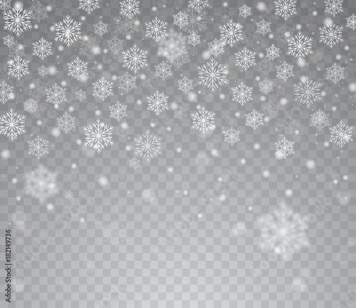 Falling shining transparent snow. Christmas snow with snowflakes.
