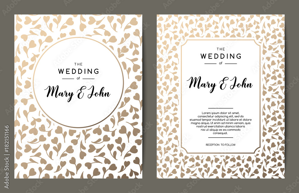 Elegant wedding invitation backgrounds. Card design with gold floral ornament. Vector decorative templates.