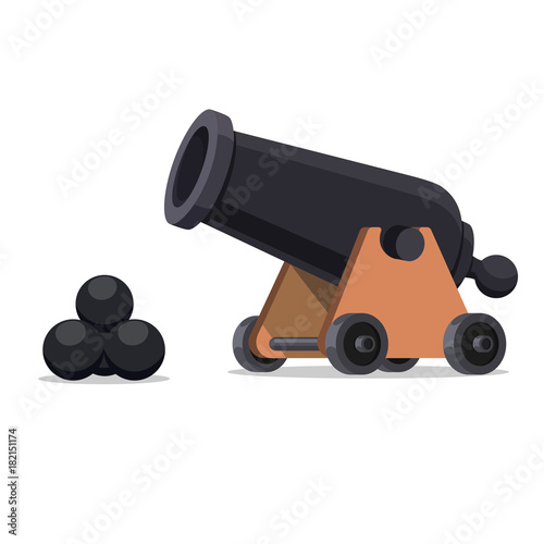 Ancient cannon with cannon balls. Flat style Illustration of vintage cannon on a white background. Medieval weapons for your design.