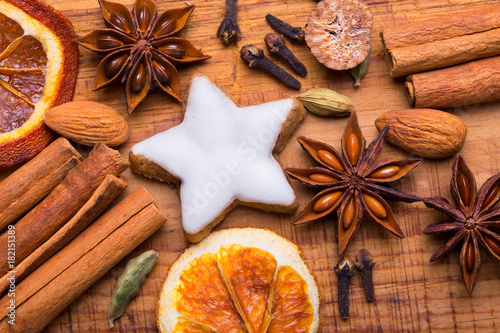 Christmas spices  -  Flat lay  -  Cinnamon, Anise, Cookie, Oranges and other