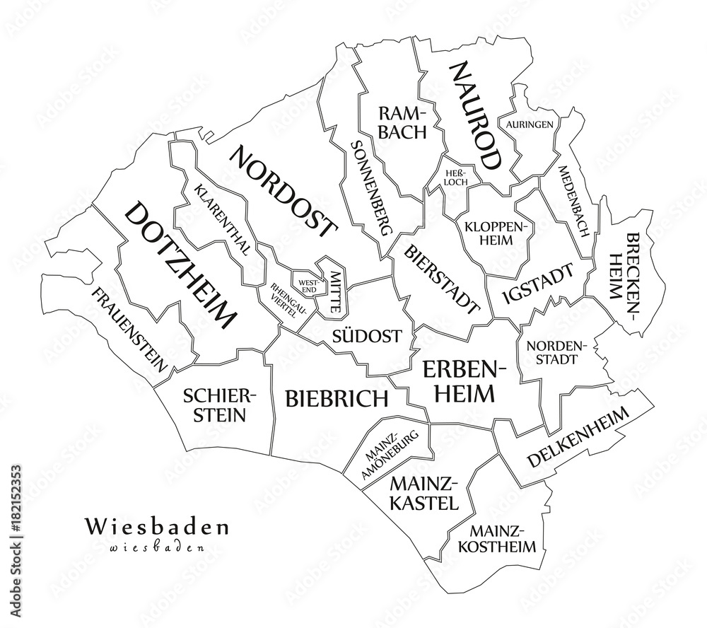 Modern City Map - Wiesbaden city of Germany with boroughs and titles DE outline map