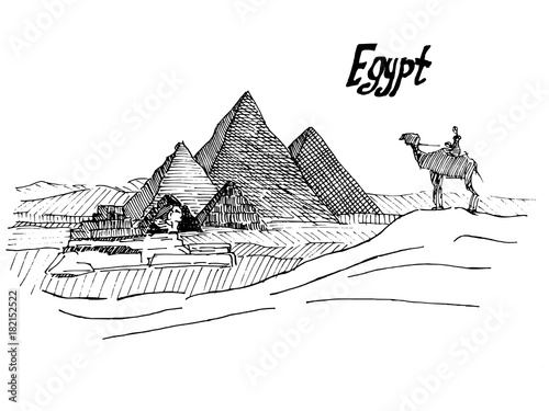 Egyptian sketch pen pyramid sphinx and camel with rider
