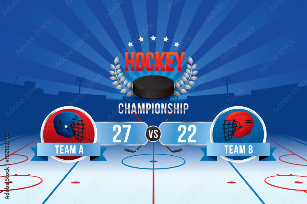 Naklejka premium Vector of ice hockey championship with team competition and scoreboard.