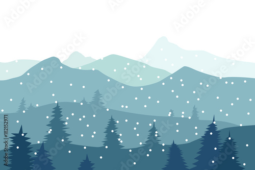 Fototapeta Flat vector snowy landscape with blue silhouettes of hills, mountains and trees - christmas background