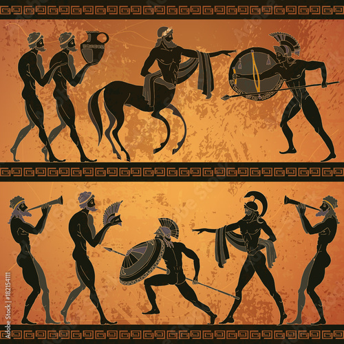 Ancient Greece scene banner. Black figure pottery. Ancient Greek mythology. Centaur, people, gods of an Olympus. Classical Ancient Greek style