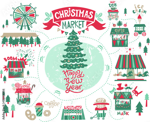 Christmas market illustration. Winter time. Merry Christmas and Happy New Year on amusement park, winter market, festival, fair. Christmas tree shops with gifts, a Ferris wheel and carousel with horse