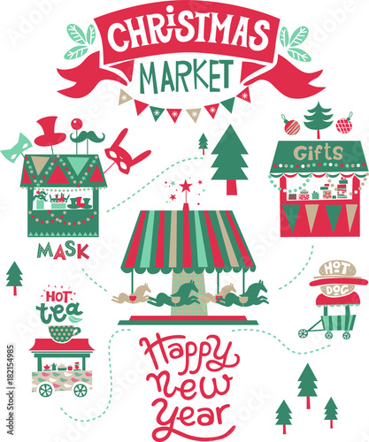 Christmas market illustration. Winter time. Merry Christmas and Happy New Year on amusement park, winter market, festival, fair. Christmas tree shops with gifts, a Ferris wheel and carousel with horse
