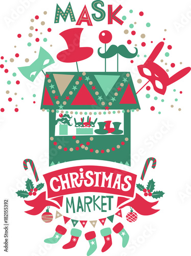 Christmas market illustration. Winter time. Merry Christmas and Happy New Year on amusement park, winter market, festival, fair. Poster, invitation, postcard. Shops with hot drinks, sweets and gifts