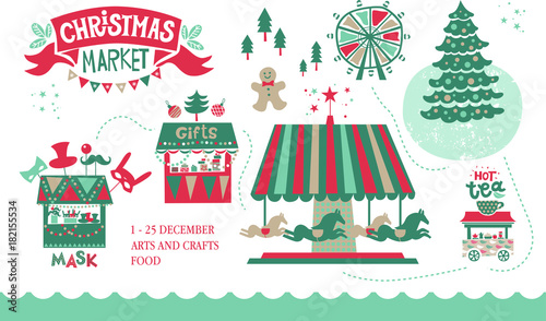 Christmas market illustration. Winter time. Merry Christmas and Happy New Year on amusement park, winter market, festival, fair. Christmas tree shops with gifts, a Ferris wheel and carousel with horse