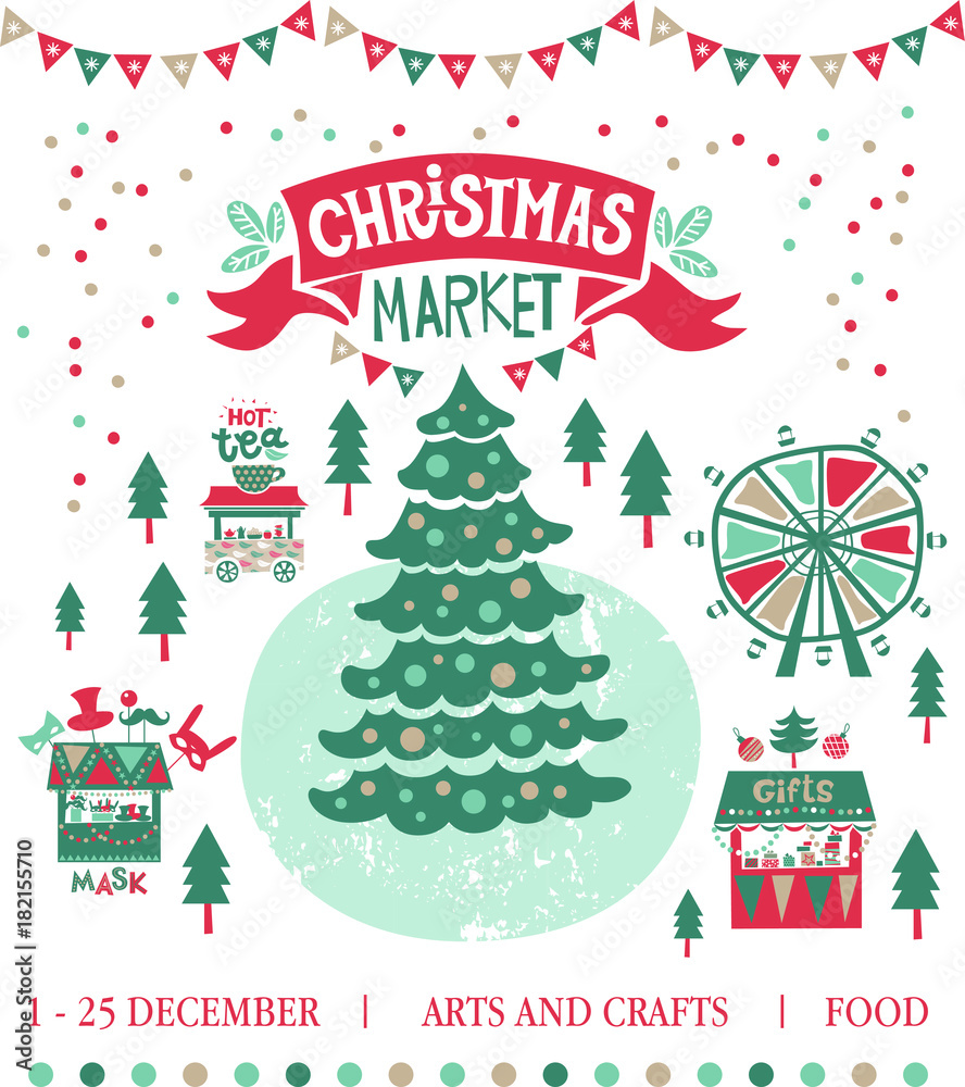 Fototapeta premium Christmas market illustration. Winter time. Merry Christmas and Happy New Year on amusement park, winter market, festival, fair. Christmas tree shops with gifts, a Ferris wheel and carousel with horse