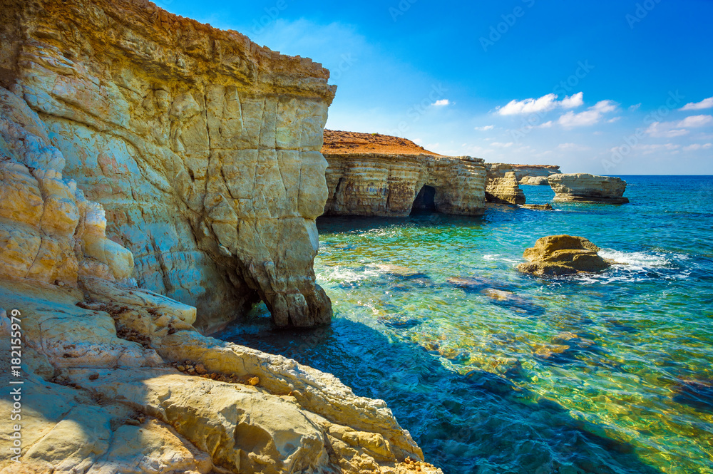 Sea caves on Coral bay coastline, Cyprus, Peyia, Paphos district Stock