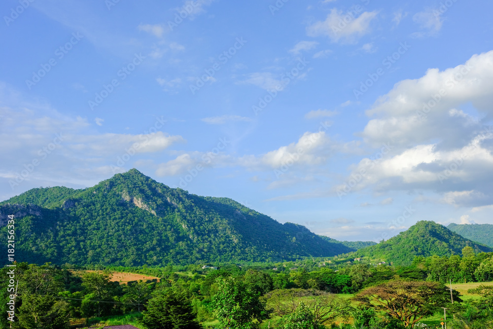 mountains green grass and blue sky landscape in Thailand.- (Selective focus)