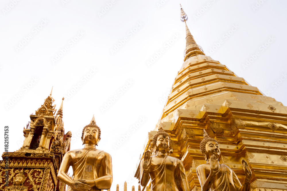 Fototapeta premium golden buddha statues around golden pagoda on white background at Wat Phra That Doi Suthep temple, Chiangmai, Thailand. Wat Phra That Doi Suthep is famous tourist attraction of Chiang Mai, Thailand.