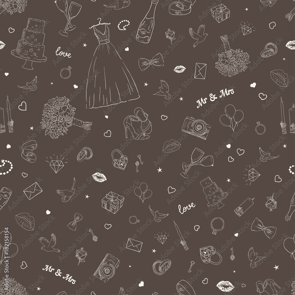 Naklejka premium Seamless pattern with wedding icons. Wedding, marriage, bridal. Hand drawn vector background