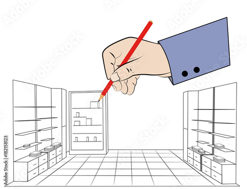 hand draws a shop window. vector illustration