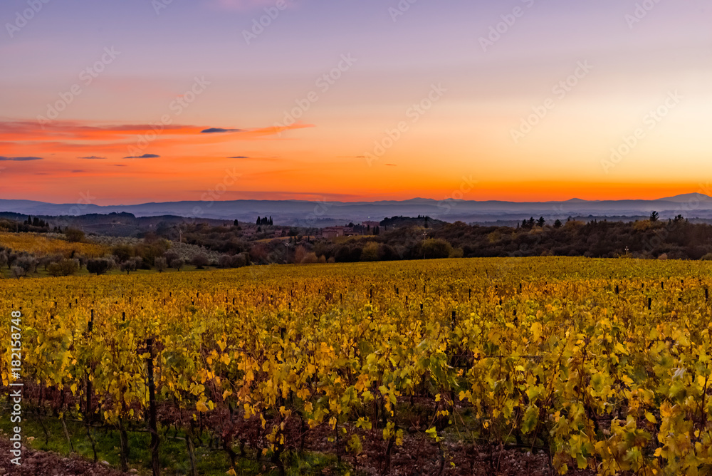 sunset over the chianti hills in autumn in province of Siena Tuscany Italy...