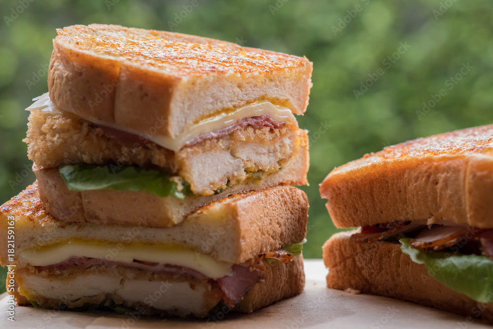 Close up chicken cordon bleu sandwich. (selective focus) Close up chicken cordon bleu sandwich. (selective focus)