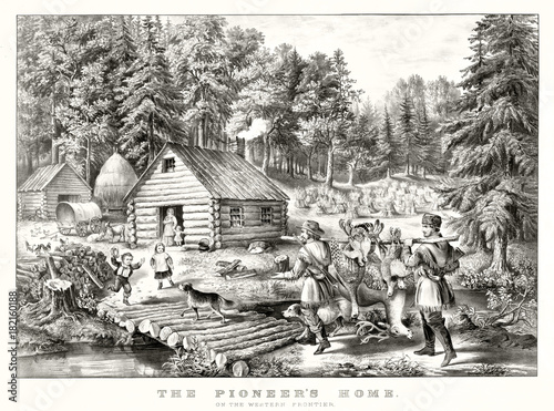 Bild auf Leinwand Ancient pioneer family in their home in a forest in the United States western frontier