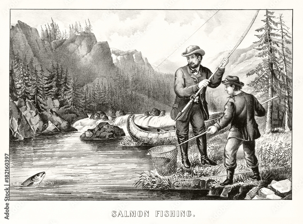 A man and a boy fishing a salmon with an ancient fishing pole in a